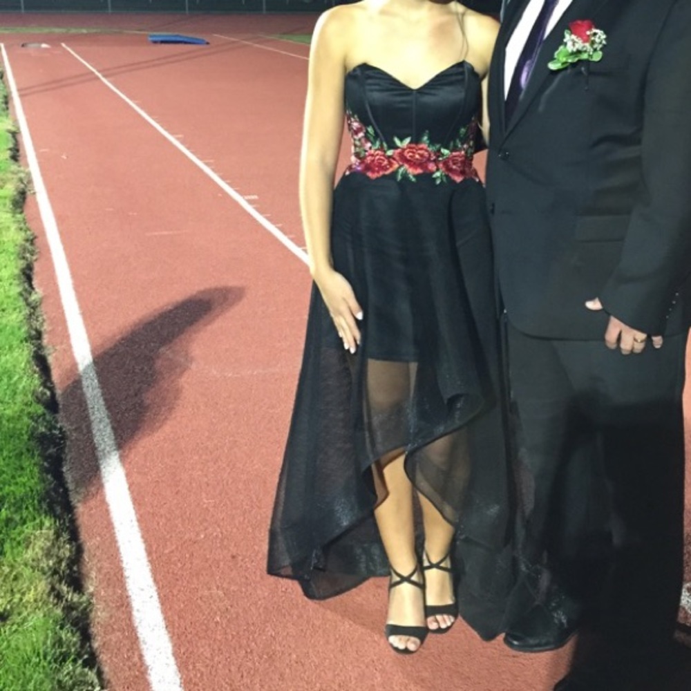Black strapless high-low formal dress
